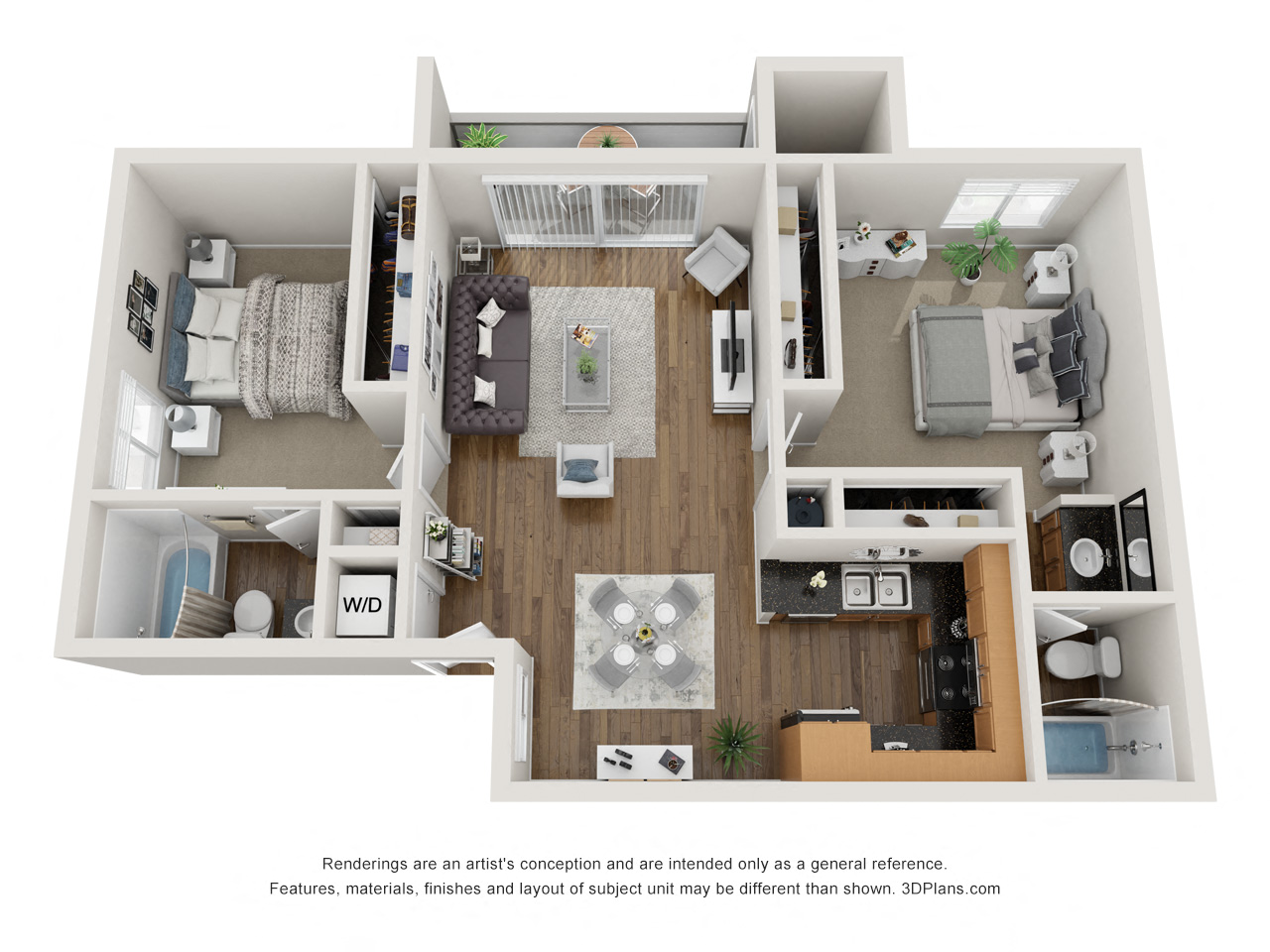 Floor plan for 2 beds, 2 baths, 878 sqft